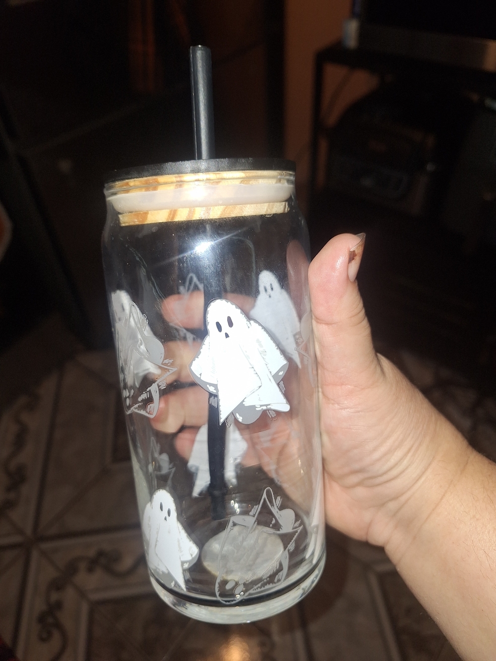 Clear Glass Ghost Print Tumbler with Black Straw - Halloween Party Cup